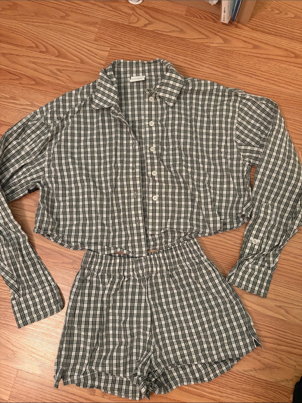 Sunday Best Green Plaid Pajama Set - Button-Up Top & Elastic Shorts
